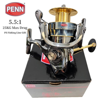 PENN GX1000-7000 Fishing Reel with 13+1 High-End Bearings, 25KG Max Drag, and Bonus PE Fishing Line Gift