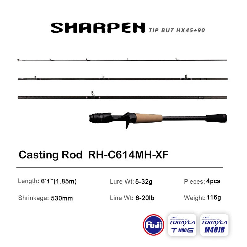 Vara PURELURE SHARPEN Travel em Carbono – Spinning e Casting | 4 Partes, Ação Rápida (FAST) e Componentes Fuji