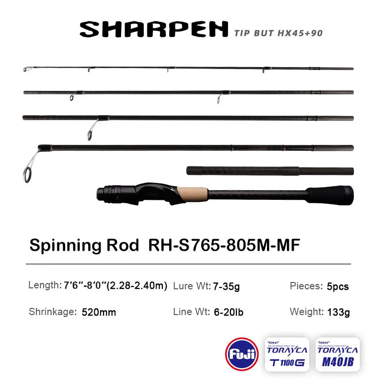 Vara PURELURE SHARPEN Travel em Carbono – Spinning e Casting | 4 Partes, Ação Rápida (FAST) e Componentes Fuji