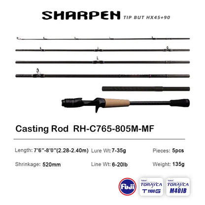 Vara PURELURE SHARPEN Travel em Carbono – Spinning e Casting | 4 Partes, Ação Rápida (FAST) e Componentes Fuji