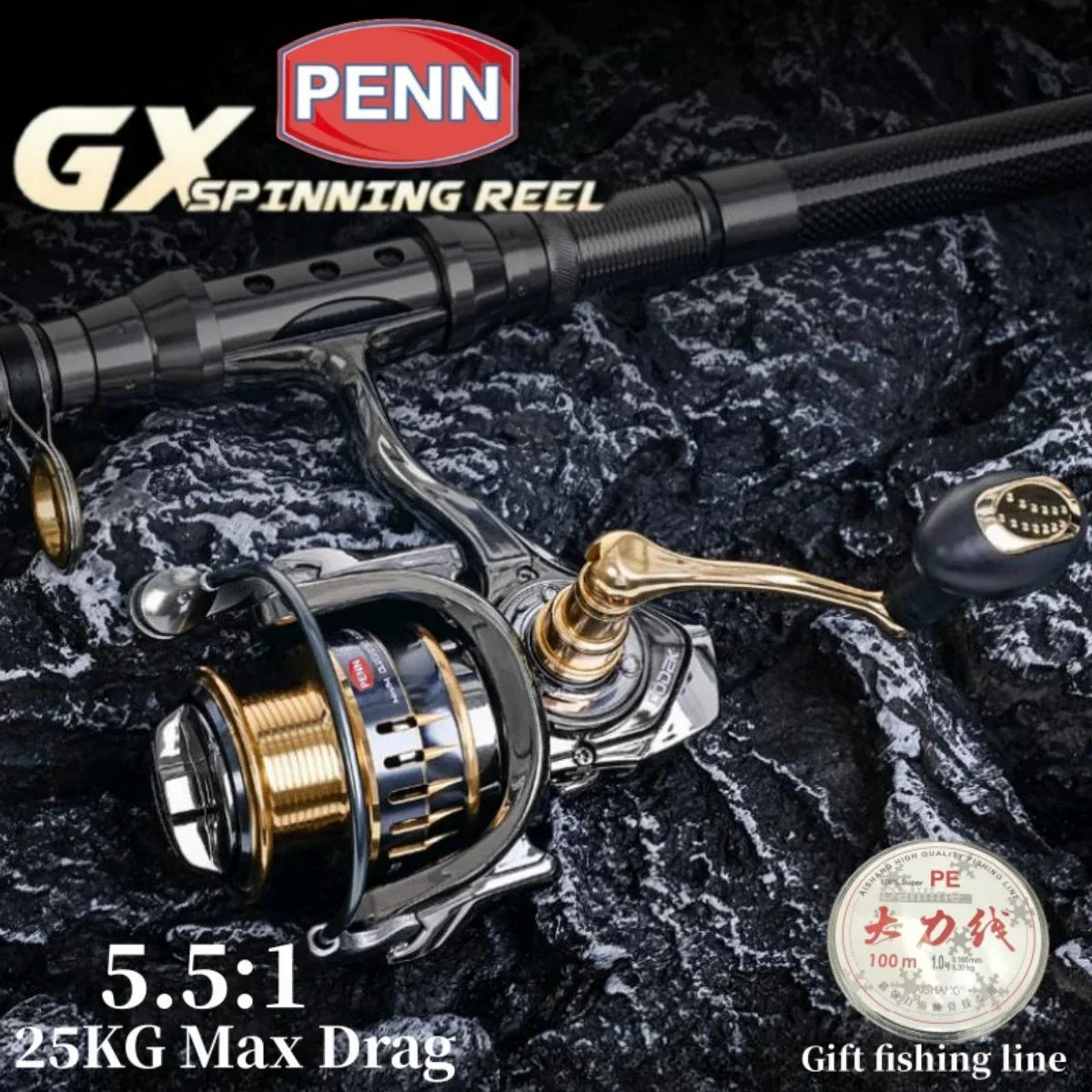PENN GX1000-7000 Fishing Reel with 13+1 High-End Bearings, 25KG Max Drag, and Bonus PE Fishing Line Gift