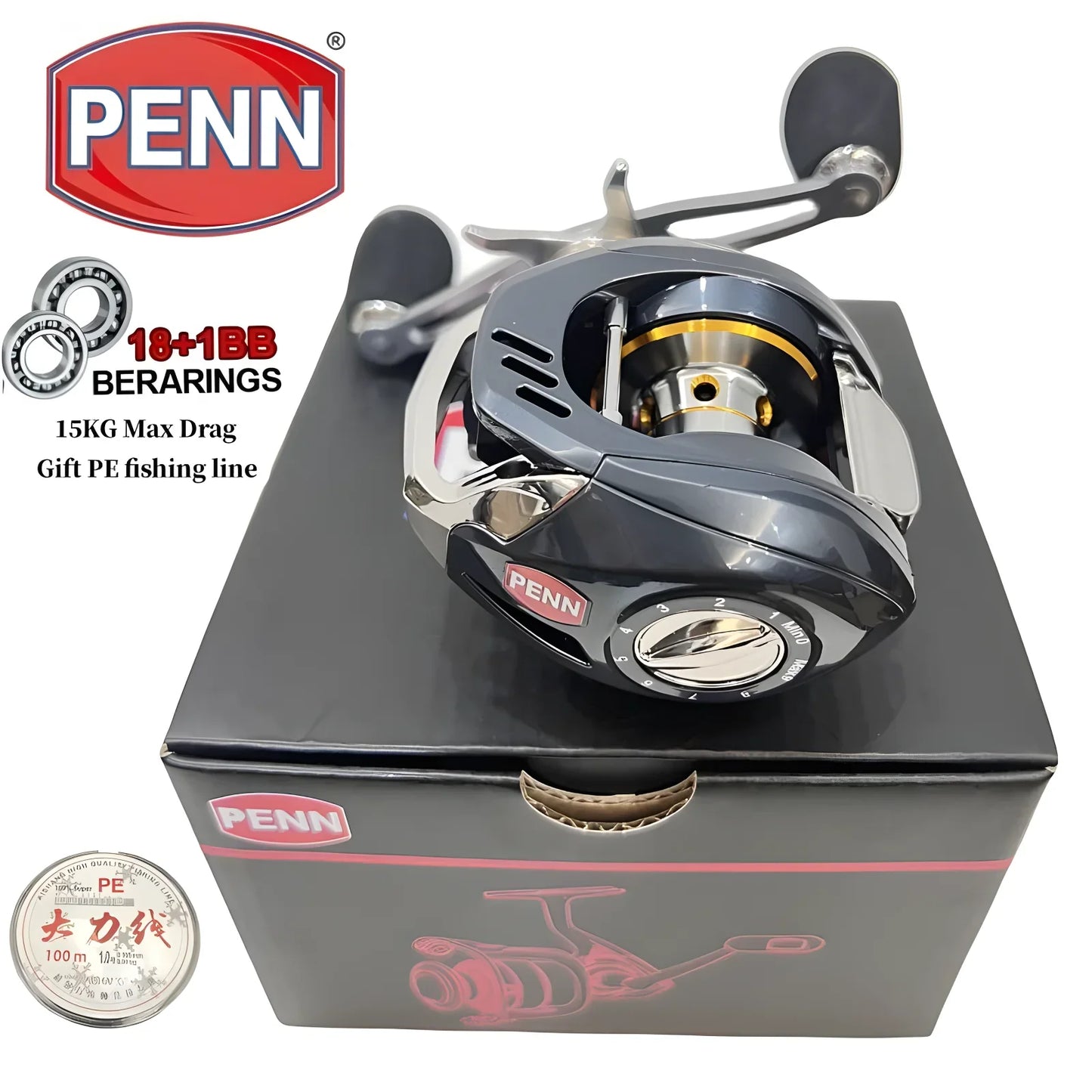 Carretilha PENN Baitcast 18+1 Rolamentos – Potência 15kg, Ajuste 1–9 | Desempenho Profissional!