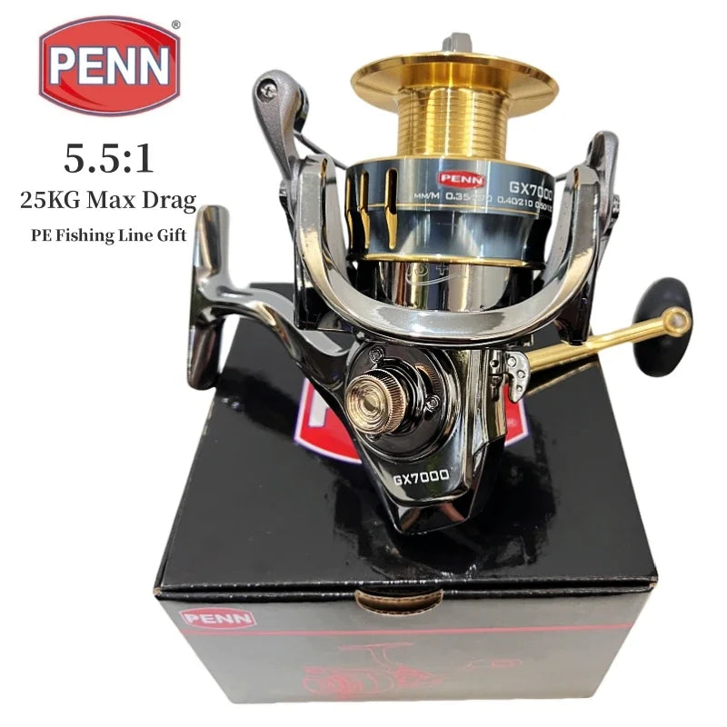 PENN GX1000-7000 Fishing Reel with 13+1 High-End Bearings, 25KG Max Drag, and Bonus PE Fishing Line Gift